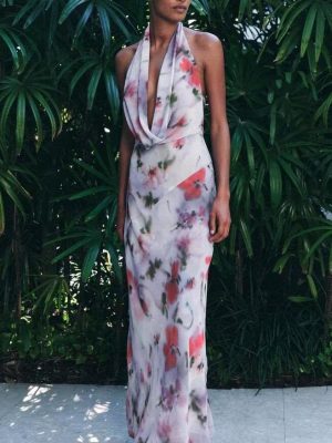 Women’s Slim Print Hanging Collar Midi Dress