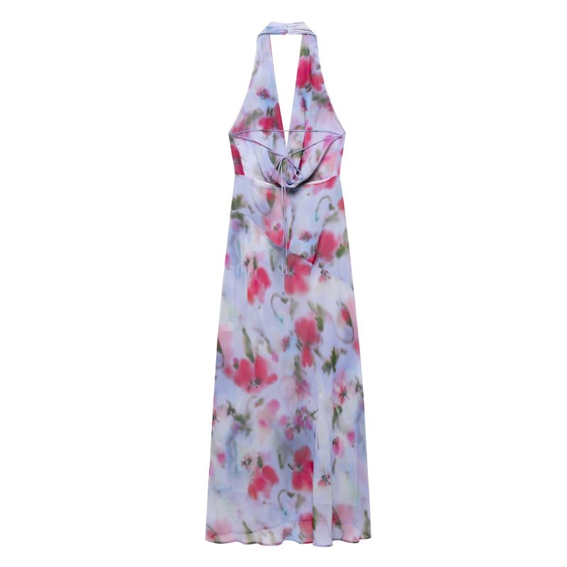 Women’s Slim Print Hanging Collar Midi Dress - Image 2