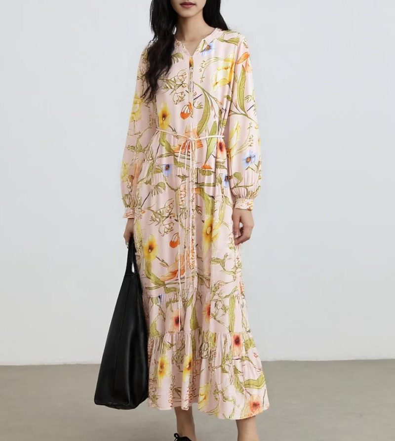 Water-Print Bohemian Casual Belt Dress