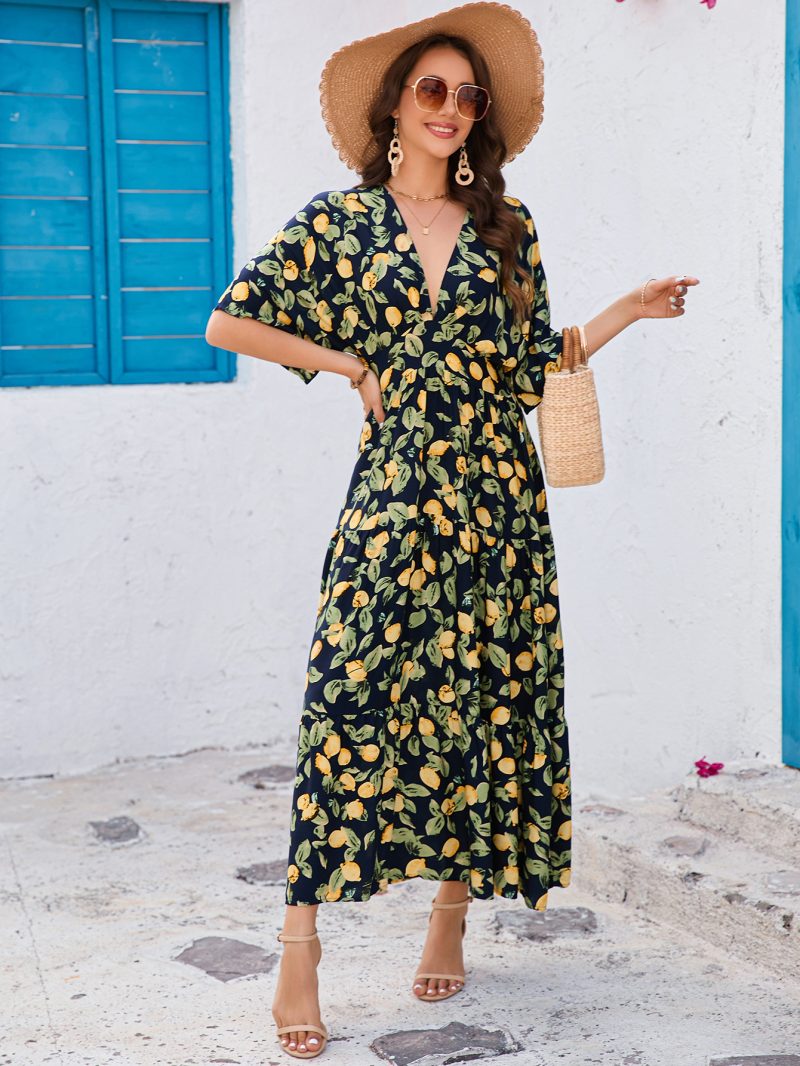 Flowy Printed Bat Sleeve Layered Summer Dress - Image 3