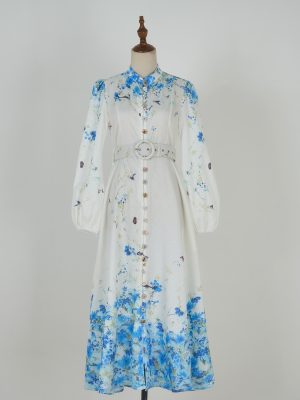 Women’s Spring Floral Stand Collar Belted Dress