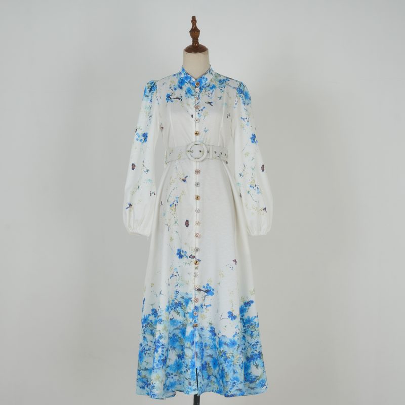 Women’s Spring Floral Stand Collar Belted Dress