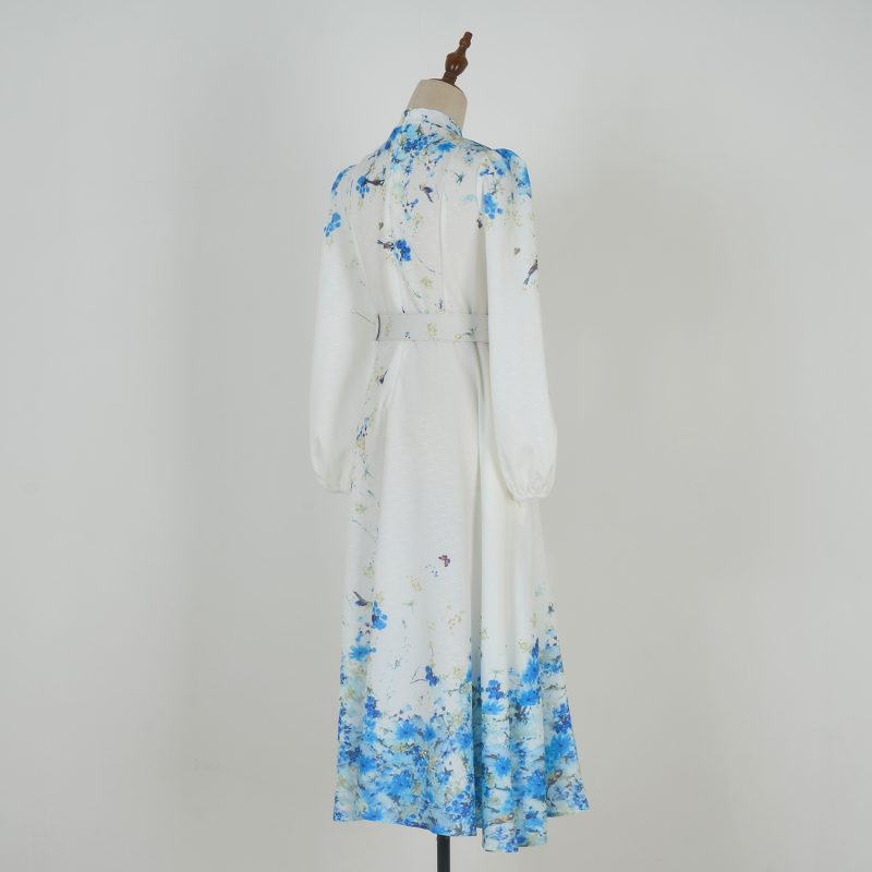 Women’s Spring Floral Stand Collar Belted Dress - Image 2