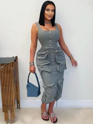 Women’s Casual Cargo Vest Dress with Pockets