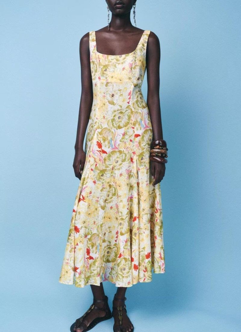 Women’s Summer Linen Blend Printed Slip Dress