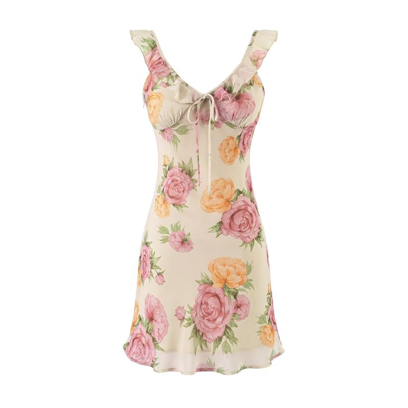 Ruffled Spaghetti Strap Dress with Floral Print