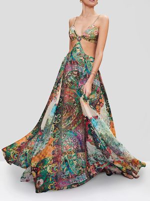 Women’s Slimming Printed Maxi Dress with Buckle