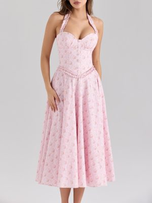 Pink Floral Backless Dress with Fitted Waist
