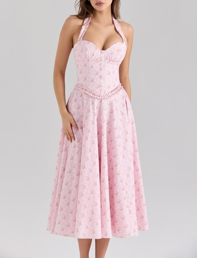Pink Floral Backless Dress with Fitted Waist
