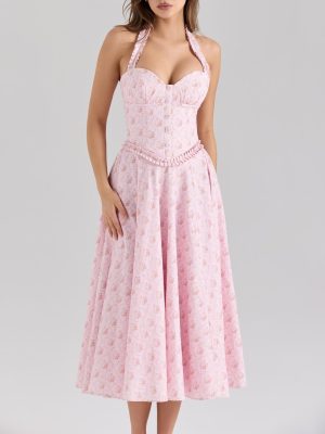 Pink Floral Backless Dress with Fitted Waist