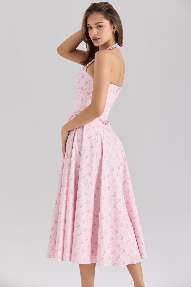 Pink Floral Backless Dress with Fitted Waist - Image 2