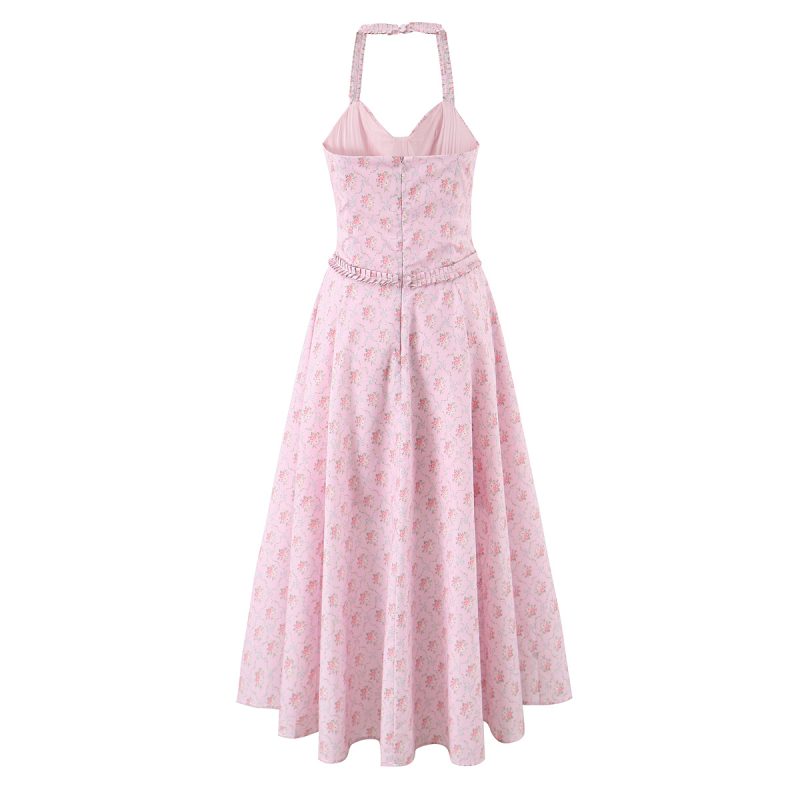Pink Floral Backless Dress with Fitted Waist - Image 3