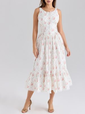 Elegant Mid-Length Cream Rose Printed Summer Dress Women