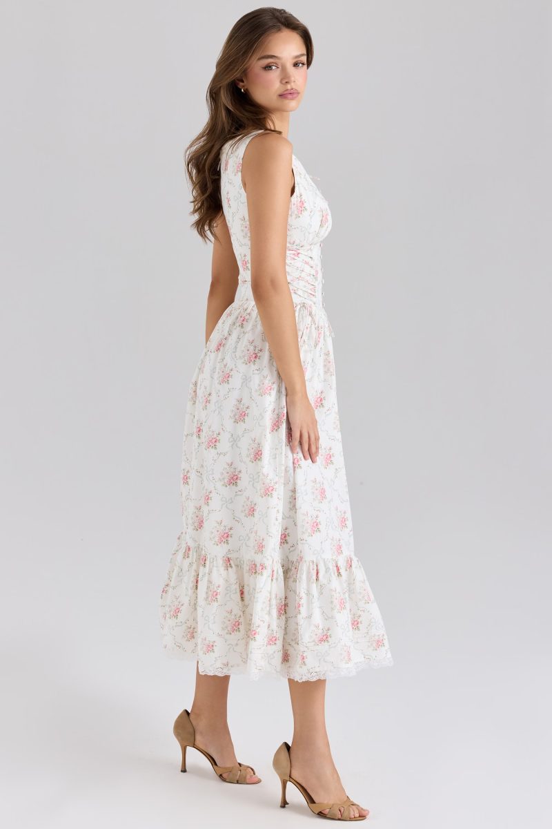 Elegant Mid-Length Cream Rose Printed Summer Dress Women - Image 2