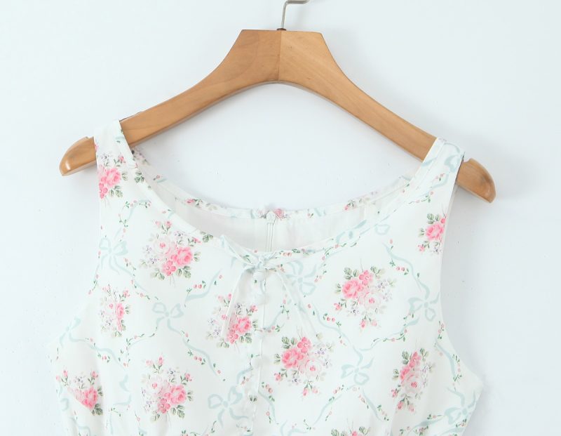 Elegant Mid-Length Cream Rose Printed Summer Dress Women - Image 3
