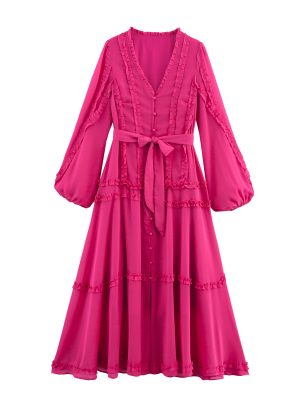 V-Neck Long Sleeve Waist Tie Chiffon Lace Dress