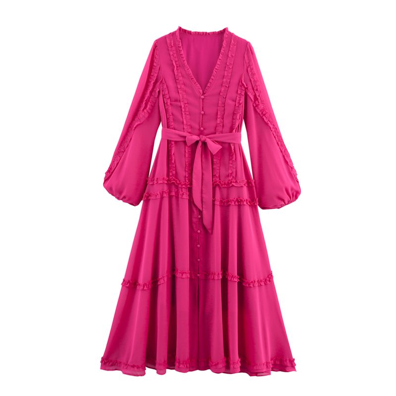 V-Neck Long Sleeve Waist Tie Chiffon Lace Dress