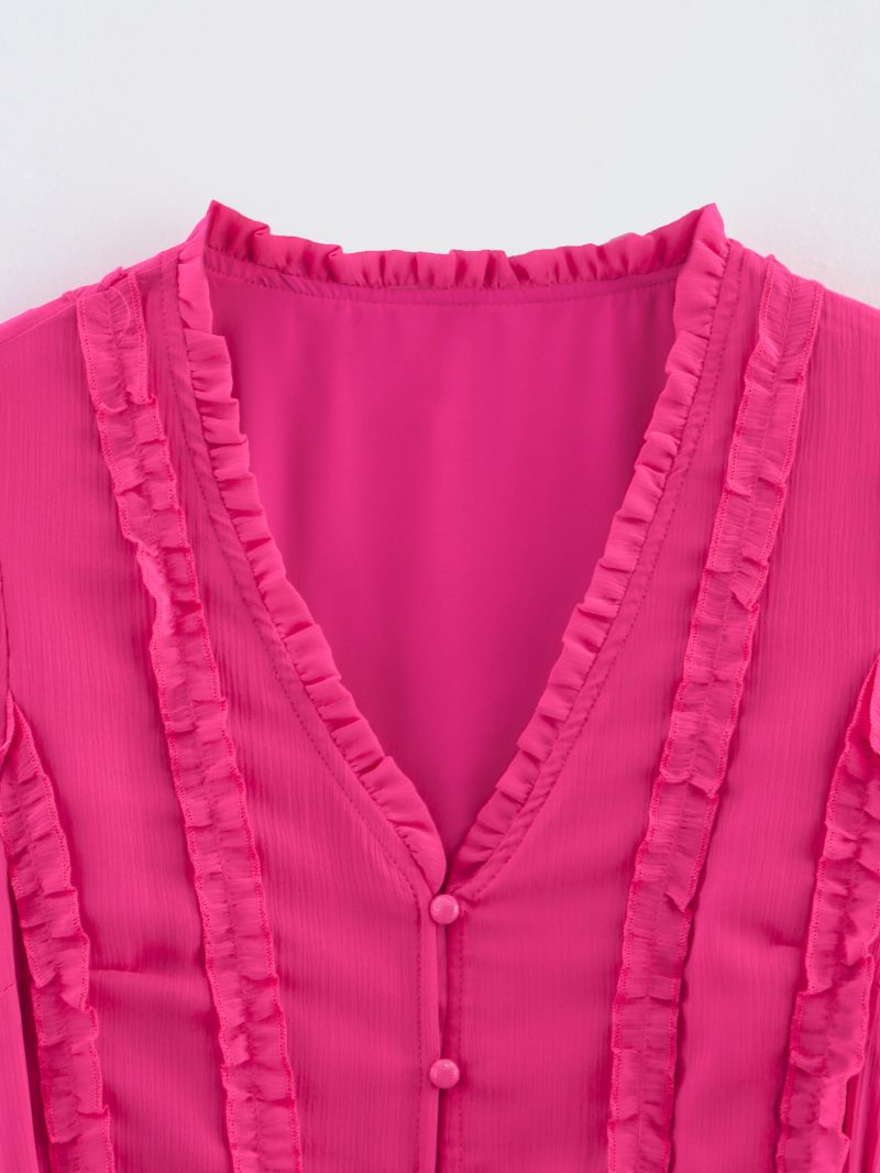 V-Neck Long Sleeve Waist Tie Chiffon Lace Dress - Image 2