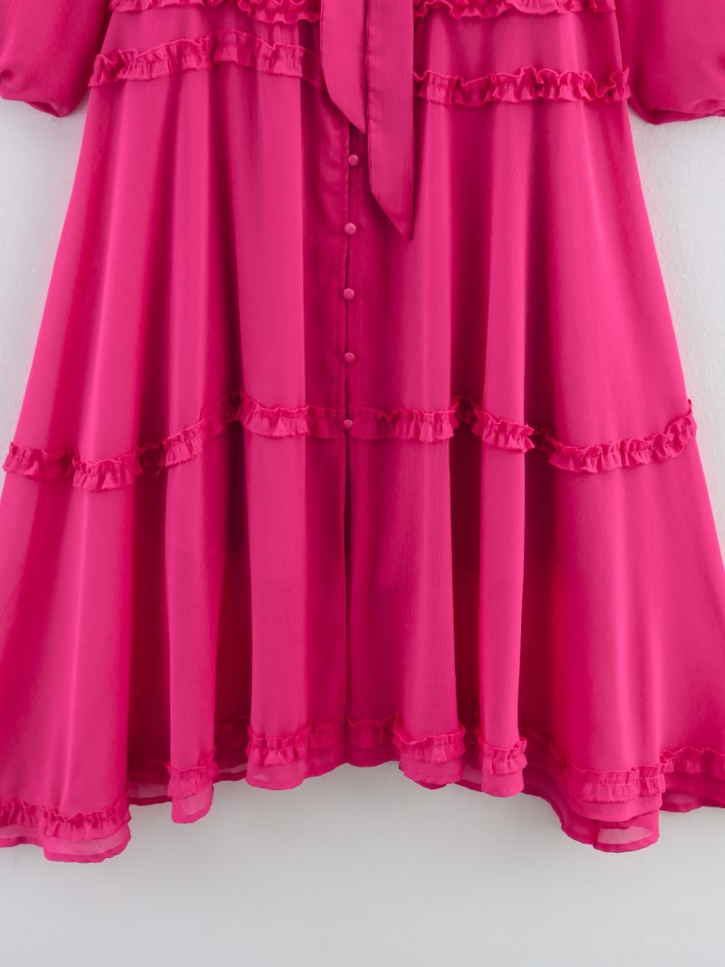 V-Neck Long Sleeve Waist Tie Chiffon Lace Dress - Image 3