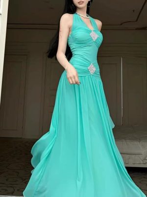 Women’s Summer Beaded Mesh Halterneck Swing Dress