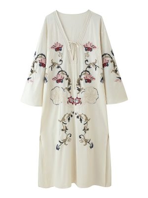 Boho V-Neck Embroidered Floral Long Sleeve Dress