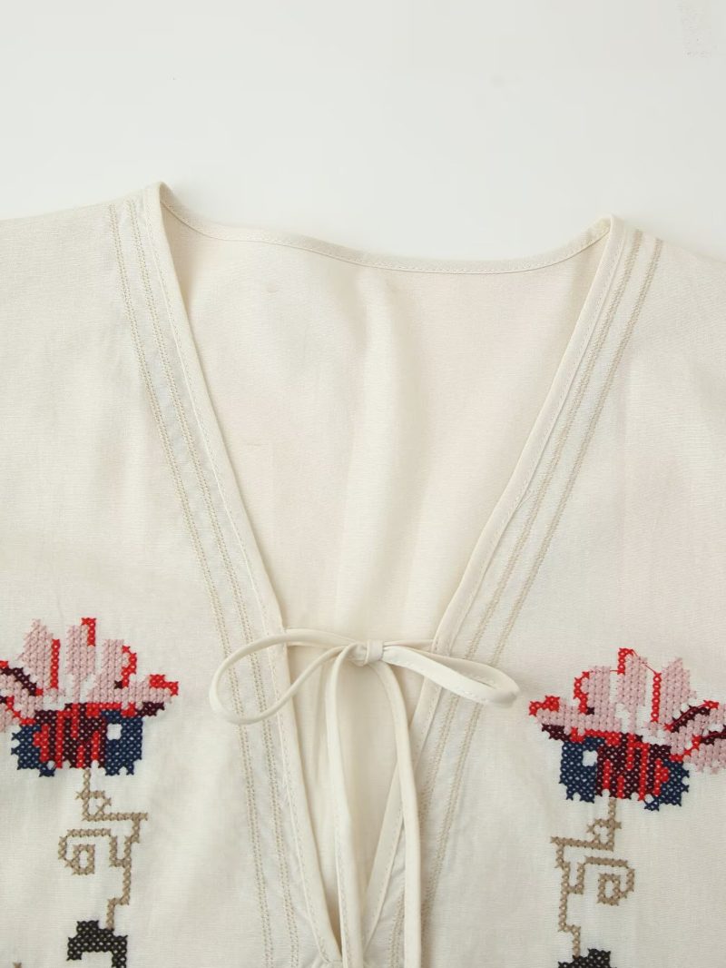 Boho V-Neck Embroidered Floral Long Sleeve Dress - Image 3