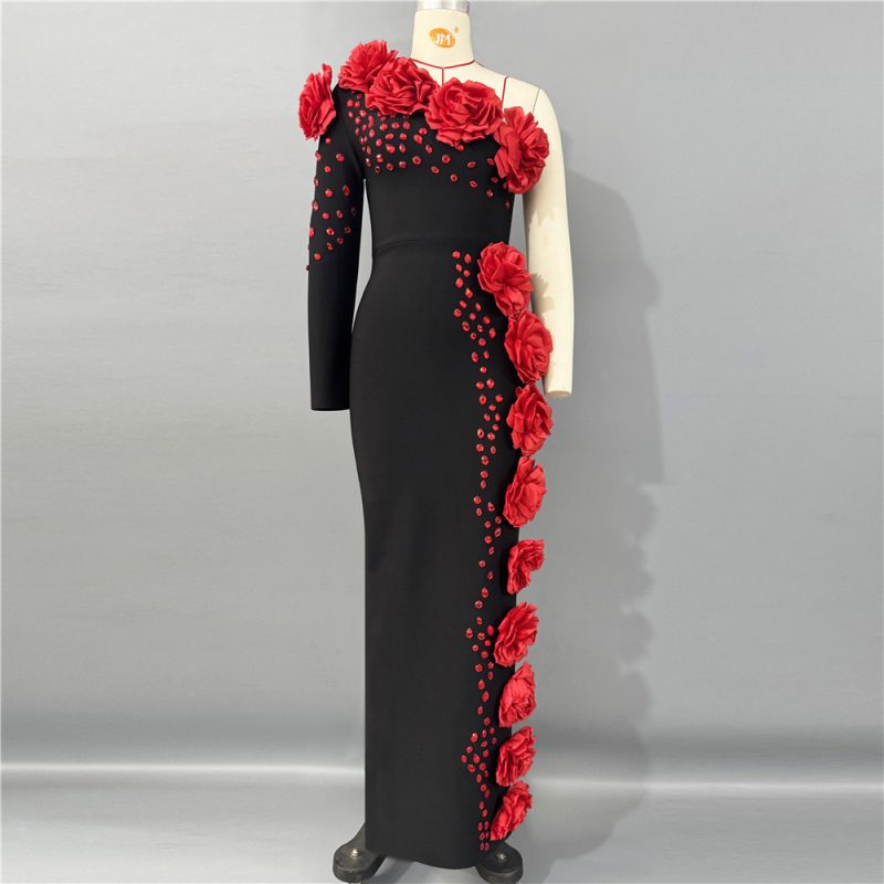 One Shoulder Beaded Red Floral Bandage Evening Dress - Image 3