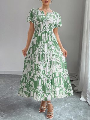 Women’s Vacation Coconut Print Puff Sleeve Dress