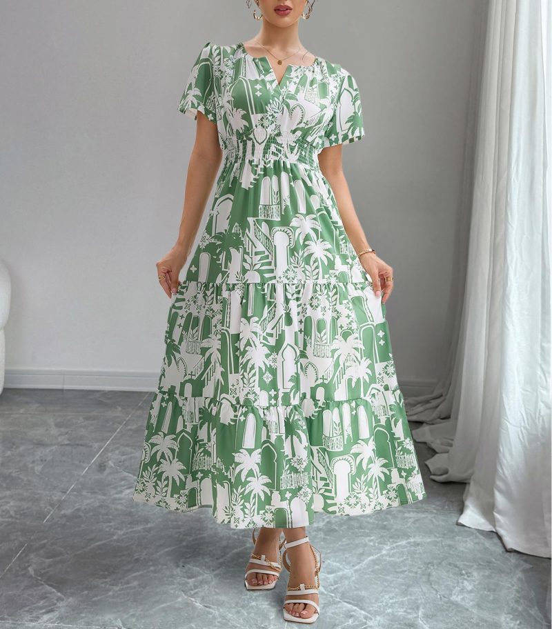 Women’s Vacation Coconut Print Puff Sleeve Dress