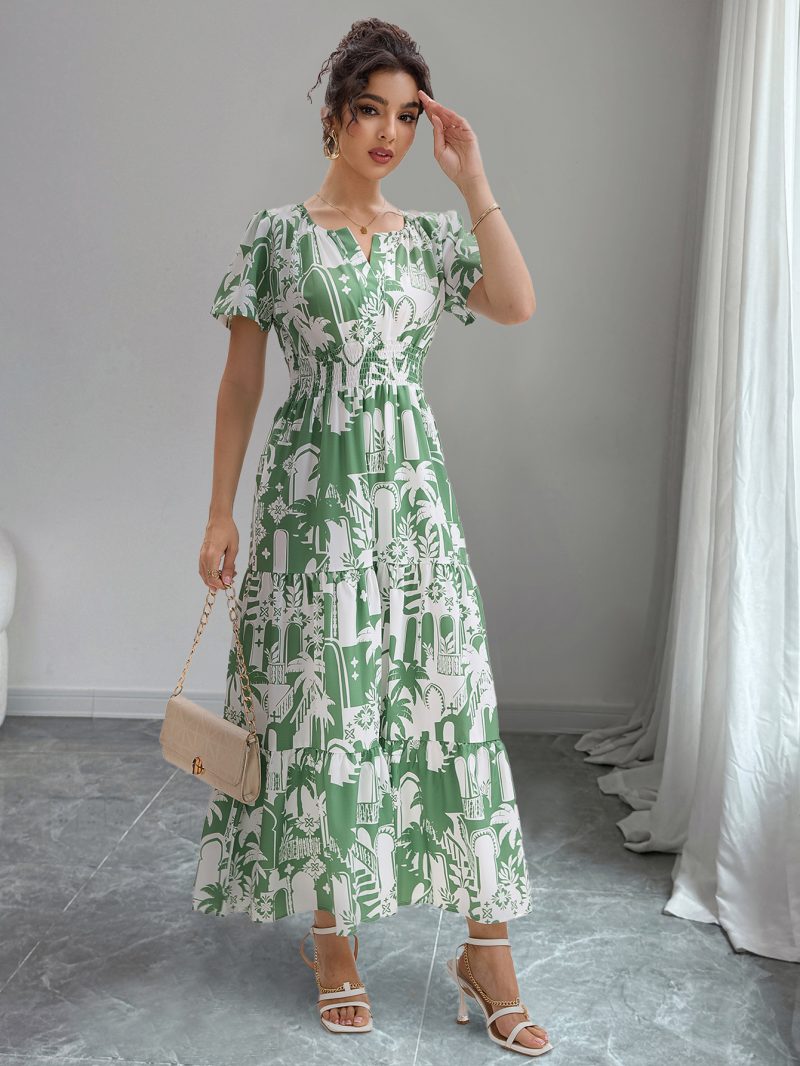 Women’s Vacation Coconut Print Puff Sleeve Dress - Image 2
