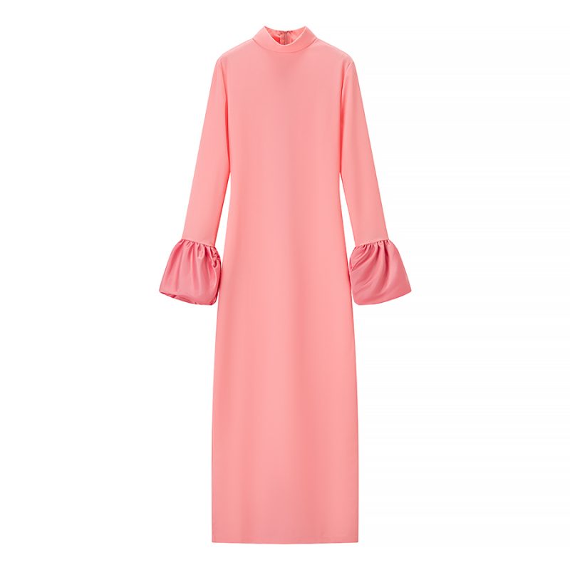 Half High Collar Patchwork Sleeve Floor Length Dress - Image 3