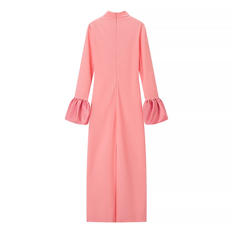 Half High Collar Patchwork Sleeve Floor Length Dress - Image 4