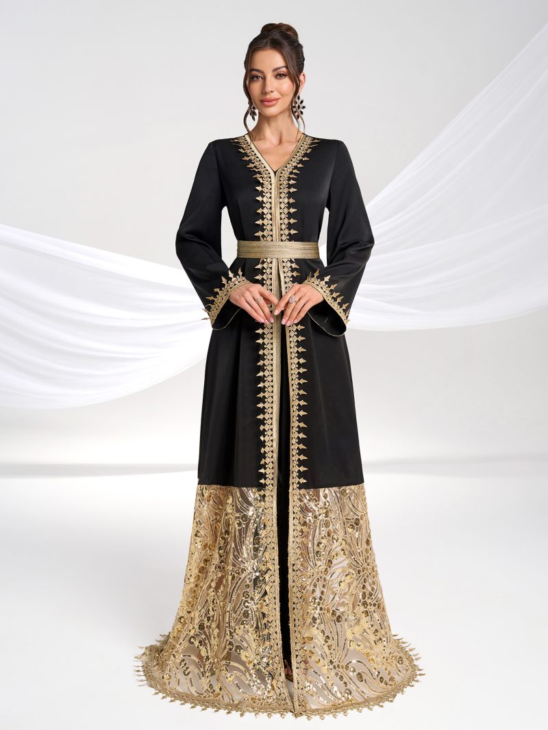 Women’s Gold Embroidered V-Neck Evening Dress