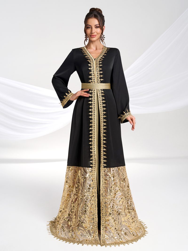 Women’s Gold Embroidered V-Neck Evening Dress - Image 2