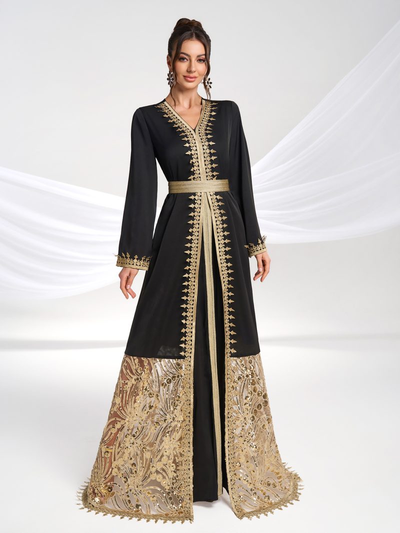 Women’s Gold Embroidered V-Neck Evening Dress - Image 3