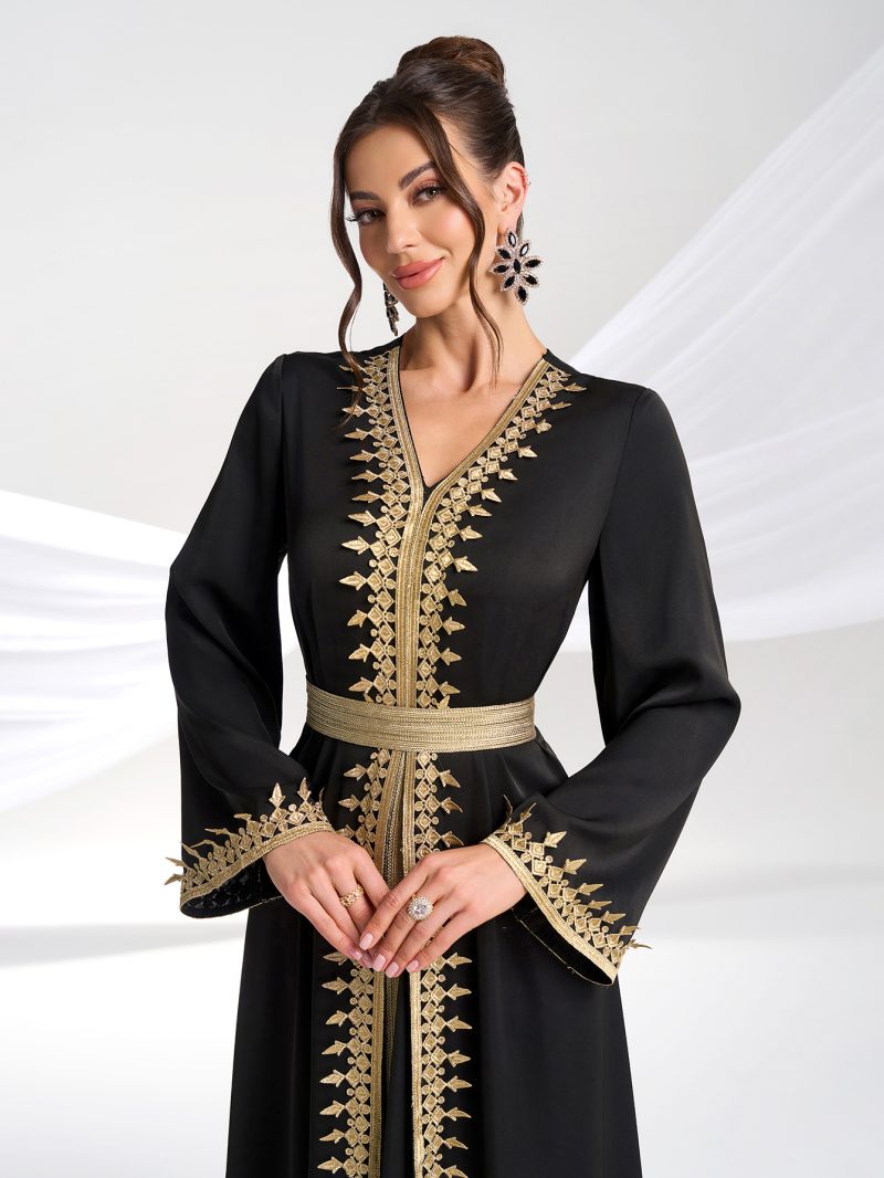 Women’s Gold Embroidered V-Neck Evening Dress - Image 4