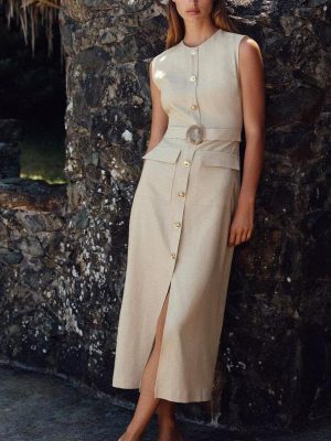 Elegant Sleeveless Round Neck Waist Trim Dress