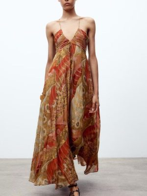 Summer Pleated Printed Midi Skirt Sling Dress
