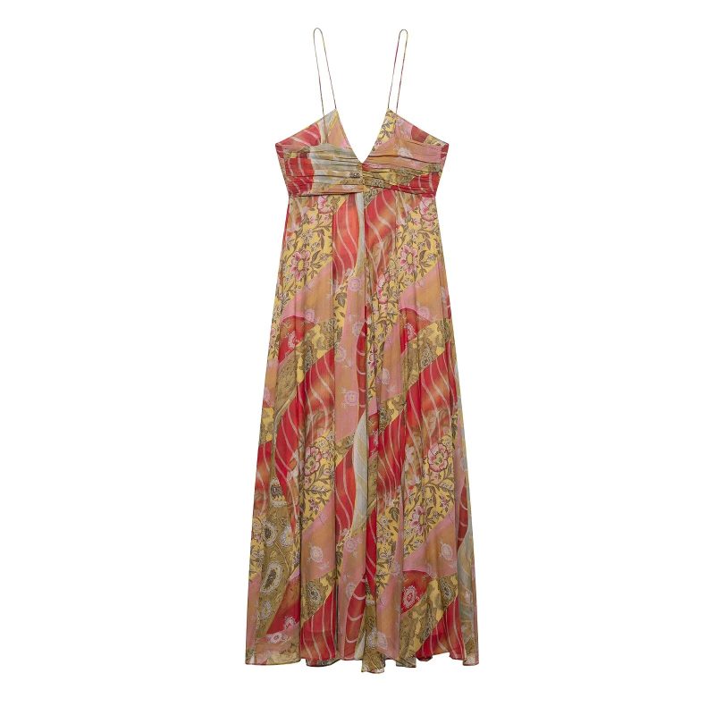 Summer Pleated Printed Midi Skirt Sling Dress - Image 3