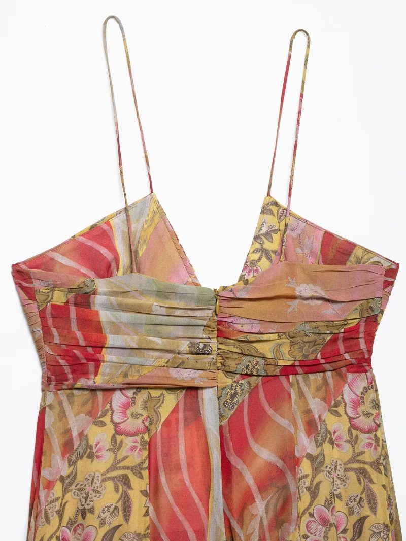 Summer Pleated Printed Midi Skirt Sling Dress - Image 4