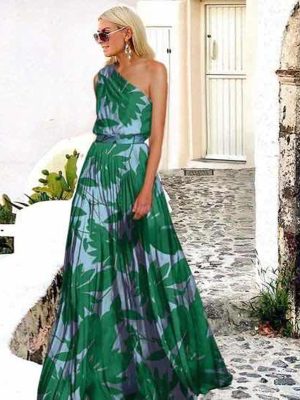 Spring Leaves Print Cold Shoulder Patchwork Maxi Dress