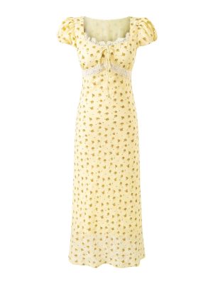 Floral Lace Bow Square Neck Vacation Dress
