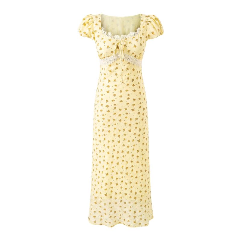 Floral Lace Bow Square Neck Vacation Dress