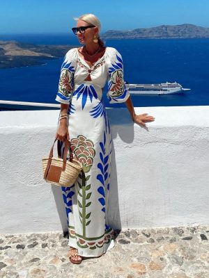 Printed Waist-Controlled Backless Vacation Women Dress