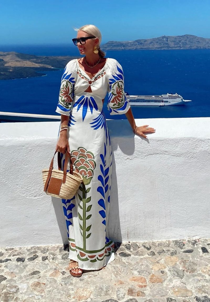 Printed Waist-Controlled Backless Vacation Women Dress
