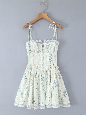 Waist-Tight Lace Stitching Printed Dress Women