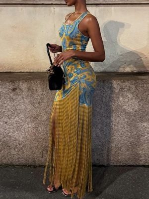 Autumn Women’s Retro Printed Tassel Mid Dress
