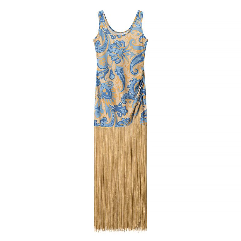 Autumn Women’s Retro Printed Tassel Mid Dress - Image 2