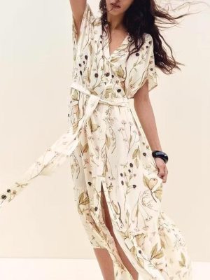 Printed Bohemian Beach Belted Midi Dress