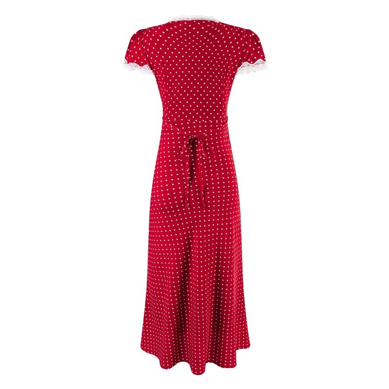 Chic Summer Polka Dot Maxi Dress with Lace V-Neck - Image 2